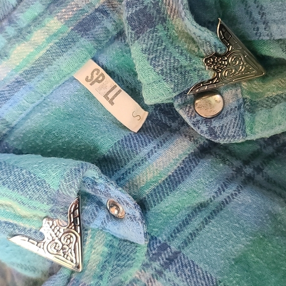 Spell designs lost highway flannel shirt turquoise buttondown S teal flannelette - Picture 11 of 16